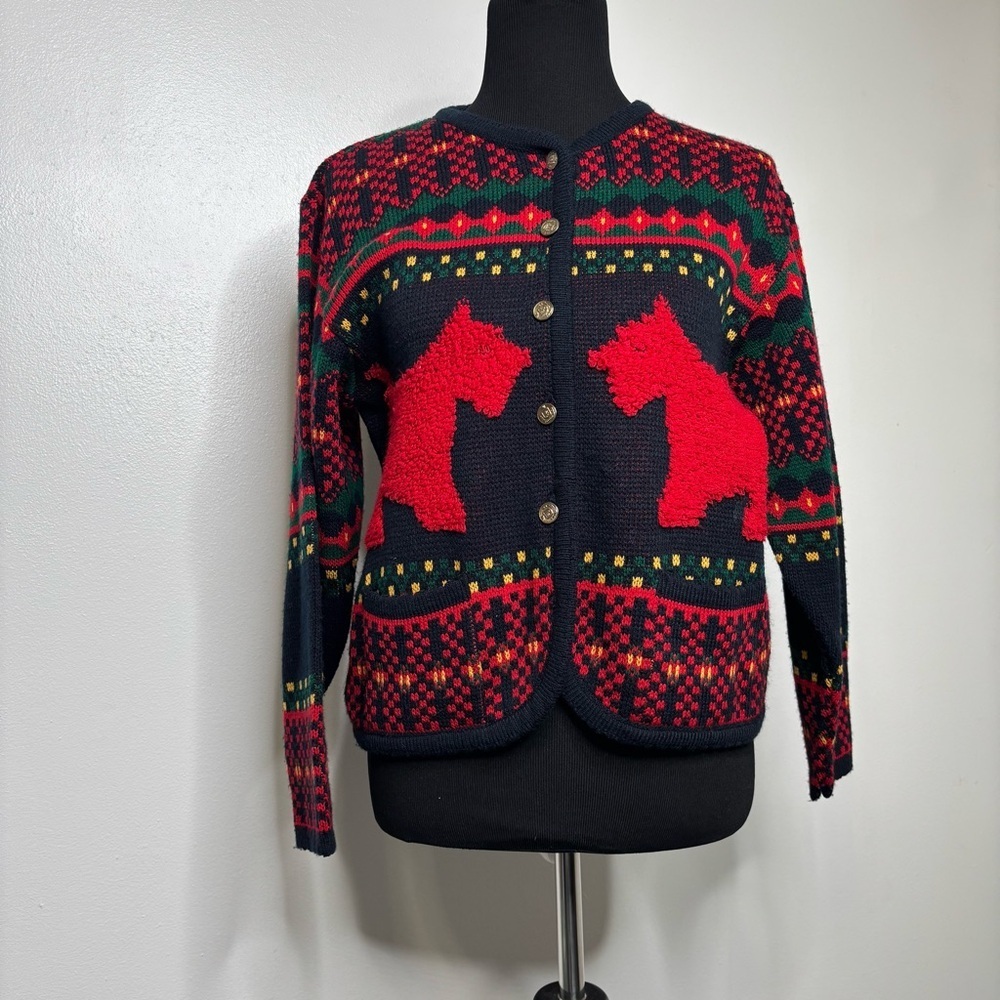 Vintage Petite Sophisticate Fair Isle Dog Cardigan Sweater